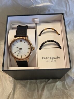 kate spade Gold Case Watch with Black Leather Strap and Changable Bezels